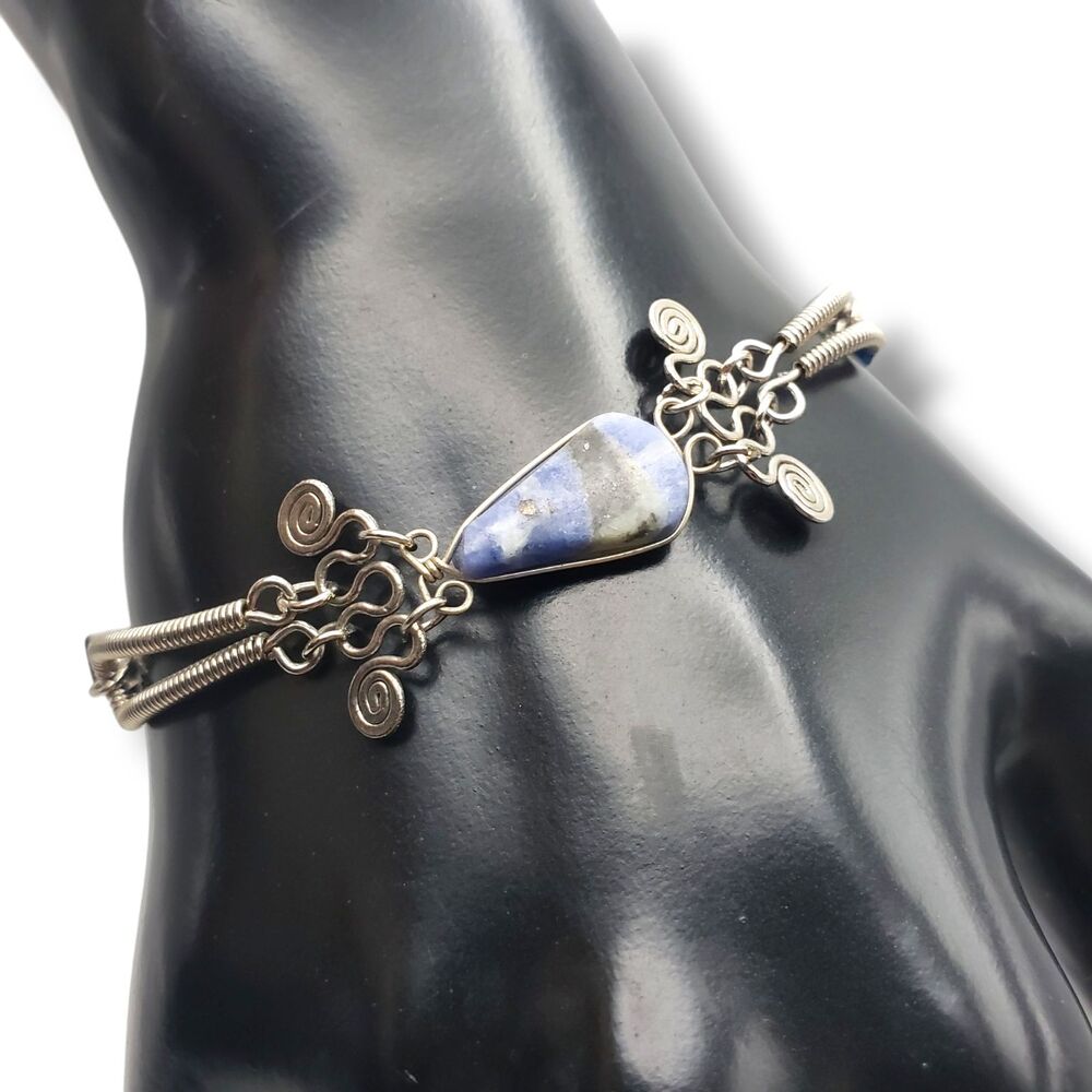 Silver Tone Faux Sodalite Handmade Bracelet Hook Closure Dainty Vintage